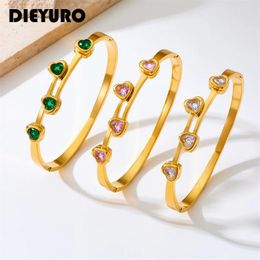 Bangle DIEYURO 316L Stainless Steel Heart Green White Pink Zircon Bangles Bracelets For Women Fashion Wrist Jewellery Lady Holiday Gift