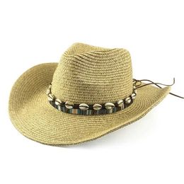 Wide Brim Hats Bucket Hats Summer Straw Hat for Men Women Hat In Cowboy Style Fedora Hat with Shells Ornament Y240425