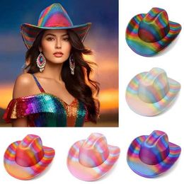 Wide Brim Hats Bucket Hats New Party rainbow Cowgirl striped Fashion cowboy hat Colourful fedora western men and women party carnival decorated holiday hat Y240425