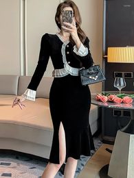 Casual Dresses Autumn Winter Black Velvet Patchowrk Ruffled Dress Women Fashion Bodycon Mermaid 2024 Korean Luxury Evening