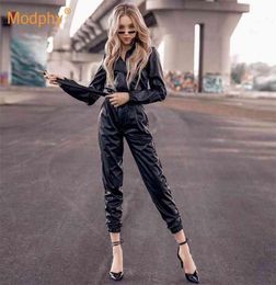 Winter Pu Artificial Leather Bodycon Jumpsuit Sexy StandUp Collar LongSleeved Zipper Belt Motorcycle 2105191965114