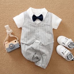 One-Pieces Baby Clothing Summer Stripe Vest Gentleman Short Sleeve Cotton Boys and Girls Bodysuit