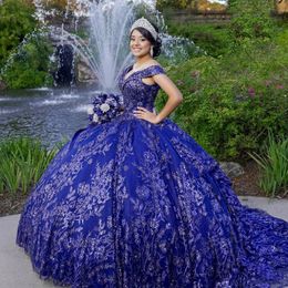 Navy Blue Princess Quinceanera Dresses Off the Shoulder Ball Gown 2024 Sweet 16 Dress Beads Appliques Lace Beads 15th Party Gown