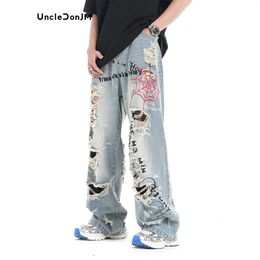 Blue Ripped Jeans for Men Hip Hop Y2k Pants Distressed Streetwear Baggy 240417