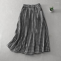 Skirts Simple Cotton Linen Black And White Plaid Skirt With Elastic Waist Slim Midi Long A-line