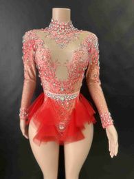 Stage Wear Sparkly Rhinestones Bodysuit Women ElasticPink Mesh Ruffles Crystal Leotard NightclubDancer Costume Stage Wear Party Outfit 7G d240425