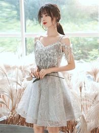 Casual Dresses Silver Strap Dress Women's Clothing Solid Color Applique Sequin Fringe V-neck Short A-line Skirt Fashion Evening Gown M387