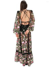 Casual Dresses Women Sexy See Through Long Sleeve Bodycon Mesh Maxi Dress Y2k Floral Tulle Beach Cover Up