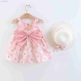 Girl's Dresses Summer Baby Girl Newborn Strap Dress Little Daisy Bow Baby Princess Dress Girl Childrens Wear Comes With Same Hat d240425