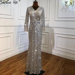 Party Dresses Serene Hill Muslim Silver Long Sleeves Evening Gowns 2024 Elegant Mermaid Sparkle Luxury For Women LA70784