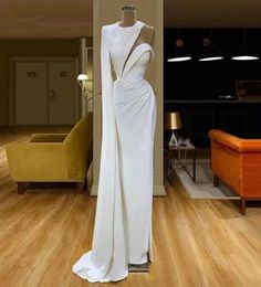 White Modern Evening Dresses Long 2021 One Shoulder Arabic Aso Ebi Formal Prom Party Gowns Satin Pleats robes de caftan abaya duba1392292