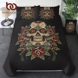 sets BeddingOutlet Floral Skull Bedding Set King Duvet Cover 3pcs Sugar Skull Gothic Bedlinen Flowers Black White Euro Bed Cover Set