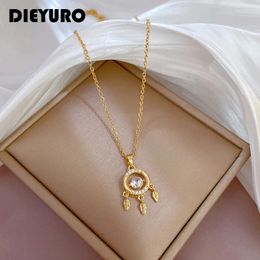 Pendant Necklaces DIEYURO 316L Stainless Steel Dream Catcher Feather Zircon Necklace For Women Fashion Girls Chain Birthday Jewelry Gifts