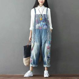 Women's Jumpsuits Rompers Wxw1401 Retro floral print denim jumpsuit for womens retro wide leg denim jacket for womens jeans jumpsuit for womens loose springs Y240425