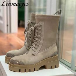 Boots Motorcycle Women Casual Fashion String Bead Round Toe Lace Up Mid-Calf Female Concise Patchwork Flat