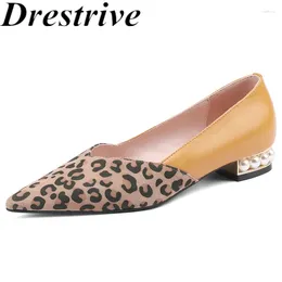 Casual Shoes Drestrive 2024 Fashion Low Heel Pumps Flats Pointed Toe Cow Leather Women's Patchwork Leopord Dress