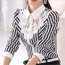 Shirt Lace Sheer Mesh Patchwork Office Elegant Chic Blouse White Black Striped Shirt Oversized Button Up Shirts Ladies Tops Women C454