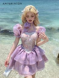 Casual Dresses Spring And Summer Purple Pearl Flower Hollow Out Puff Sleeve Mini Dress Lolita Princess Ball Gown Girl Sexy