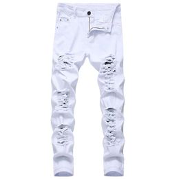Mens White Jeans Fashion Hip Hop Ripped Skinny Men Denim Trousers Slim Fit Stretch Distressed Zip Jean Pants High Quality 240417
