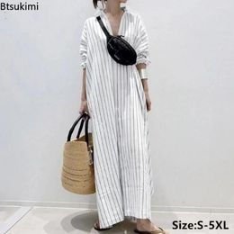 Casual Dresses 2024 Women's Temperament Striped Polo-neck Long Skirt Simple Loose Pullover Dress Vintage Elegant Women Robe