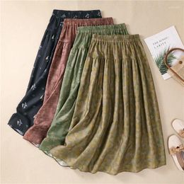 Skirts Limiguyue Literary Retro Floral Print Midi Skirt Women Summer Elastic Waist A-Line Casual Loose Linen Ramie E640