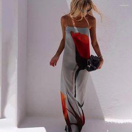 Casual Dresses Crystal Print Boho Maxi Dress Women 2024 Spaghetti Strap Backless Chiffon Beach Fashion Long Holiday Sundress
