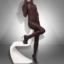 Sexy Jumpsuit for Women Clubwear Bodycon Elegant Zentai Shiny Smooth Turtleneck Full Bodysuit One Piece Finger Glove Club Night