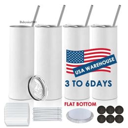 USA CA Warehouse Double Wall Flat Edge Stainless Steel Oz Skinny Straight Sublimation Blank Tumbler With Lid And Straw