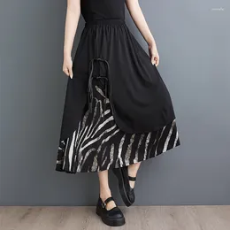 Skirts High Waist Loose Summer Patchwork Leopard Buckle Chic Girl's Street Fashion Women Midi Lady Work Black