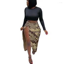 Skirts -selling Fashion Camouflage Printing Denim Women High Waisted Button Side Slit Mid Casual Matching Bottoms