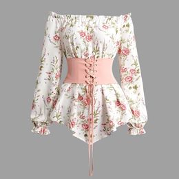 Women Off The Shoulder Blouse Floral Print Ruffle Trim Corset Belt Asymmetric Hem T Shirt Long Sleeves Tops 240419