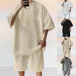 Mens Sports Suit Summer Korean High Street Jacquard Plaid Tshirt Shorts Twopiece Set Male Casual Retro Loose Oneck Top 240420