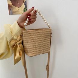 Drawstring Pearl Fashion Shoulder Bag For Women Straw Designer Bucket Casual Women's Handbag 2024 Trend Simple Lady Crossbody Bags