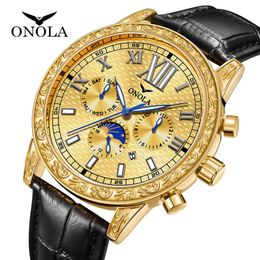 Fashionable New Gold Watch ONOLA Multifunctional Fully Automatic Mechanical Leather Watch for Men