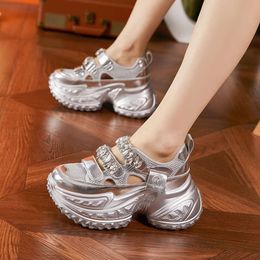 Mesh Sneakers for Women 2024 New Summer Hollow Casual High Heels Sports Sandals Dad Shoes Ladies Rhinestone Decoration