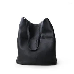 Drawstring Genuine Leather Women Bucket Bag Casual Large Shopping Shoulder
