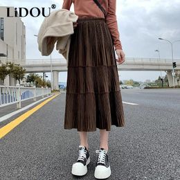 Skirts 2024 Autumn Winter Solid Colour Elastic Waist Pleated Patchwork A-line Skirt Women Casual Vintage Elegant Female Clothing