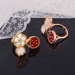 High-end Luxury Ring Vancllef Recommended Light and High Grade Clover Jewellery Rose Gold Red Jade Seven Star Ladybug Open
