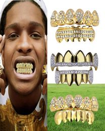 18K Real Gold Punk Hiphop CZ Zircon Poker Letters Vampire Teeth Fang Grillz Diamond Grills Braces Tooth Cap Rapper Jewelry for Cos6271546