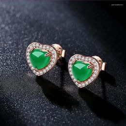 Stud Earrings FYJS Unique Rose Gold Colour Love Heart Green And Red Agates With Rhinestone Romantic Style Jewellery