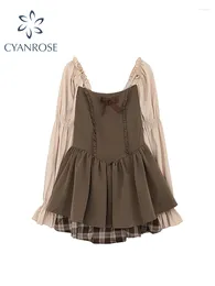 Casual Dresses Women Mini Dress Party Club Y2K Square Collar Elegant Vintage Kawaii Patchwork Brown Long Sleeve A-line Summer Sundress