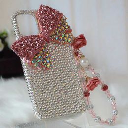 Cell Phone Cases Crystal Diamond Bow Wrist Phone Case For iPhone 15 12 13 14 11 Pro Plus Samsung Galaxy S24 S22 S21 S23 FE Ultra Note 20 240423