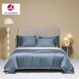 LivEsthete Blue Gray Top Grade 100% Silk Bedding Set Queen King Duvet Cover Pillowcase Flat Sheet Bed For Deep Sleep 240425