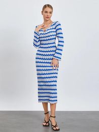 Casual Dresses Women Sexy Backless Ribbed Maxi Dress Long Sleeve Crewneck Bodycon Crochet Knitted Beach Vacation Sweater