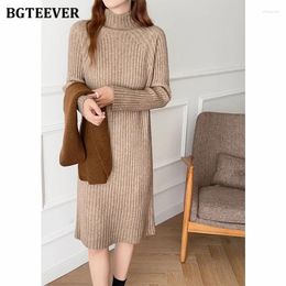 Casual Dresses BGTEEVER Fashion Thicken Warm Ladies Knitted Half High Collar Straight Dress Long Sleeve Loose Female Sweater