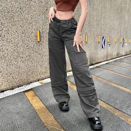 Women's Jeans Aesthetic Vintage Cargo Y2k Baggy High Waist Straight Pocket Casual Loose Zippers Denim Trousers 2024