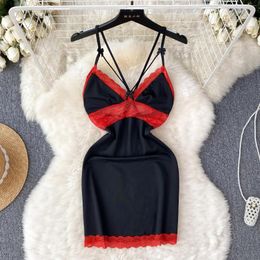 Casual Dresses Sexy Pyjamas Dress For Women With Black Lace Contrast Stitching Slim Fit Backless V-neck Short Strap Summer