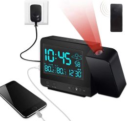 Clocks Projection Alarm Clock, Digital Clock Projector with Indoor/Outdoor Thermometer Hygrometer, USB Charger and AC & Battery Operate