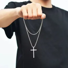 Pendant Necklaces Basic Cross Necklace For Men Silver Colour Stainless Steel Box Chain Collar With Plain Jewellery