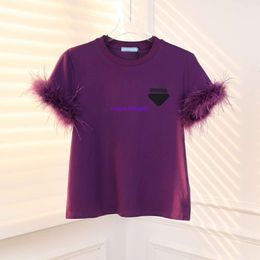 Women's T-shirt designer shirt sexy women's top party exposed navel top embroidered vest triangle logo ostrich hair patchwork short sleeved T-shirt 5333